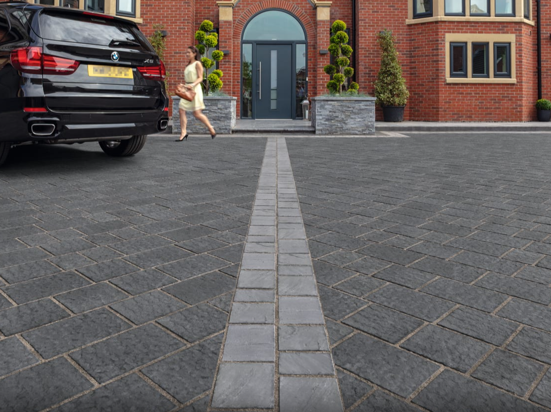 Block Paving with 45 degree Stretcher pattern with central soldier bricks